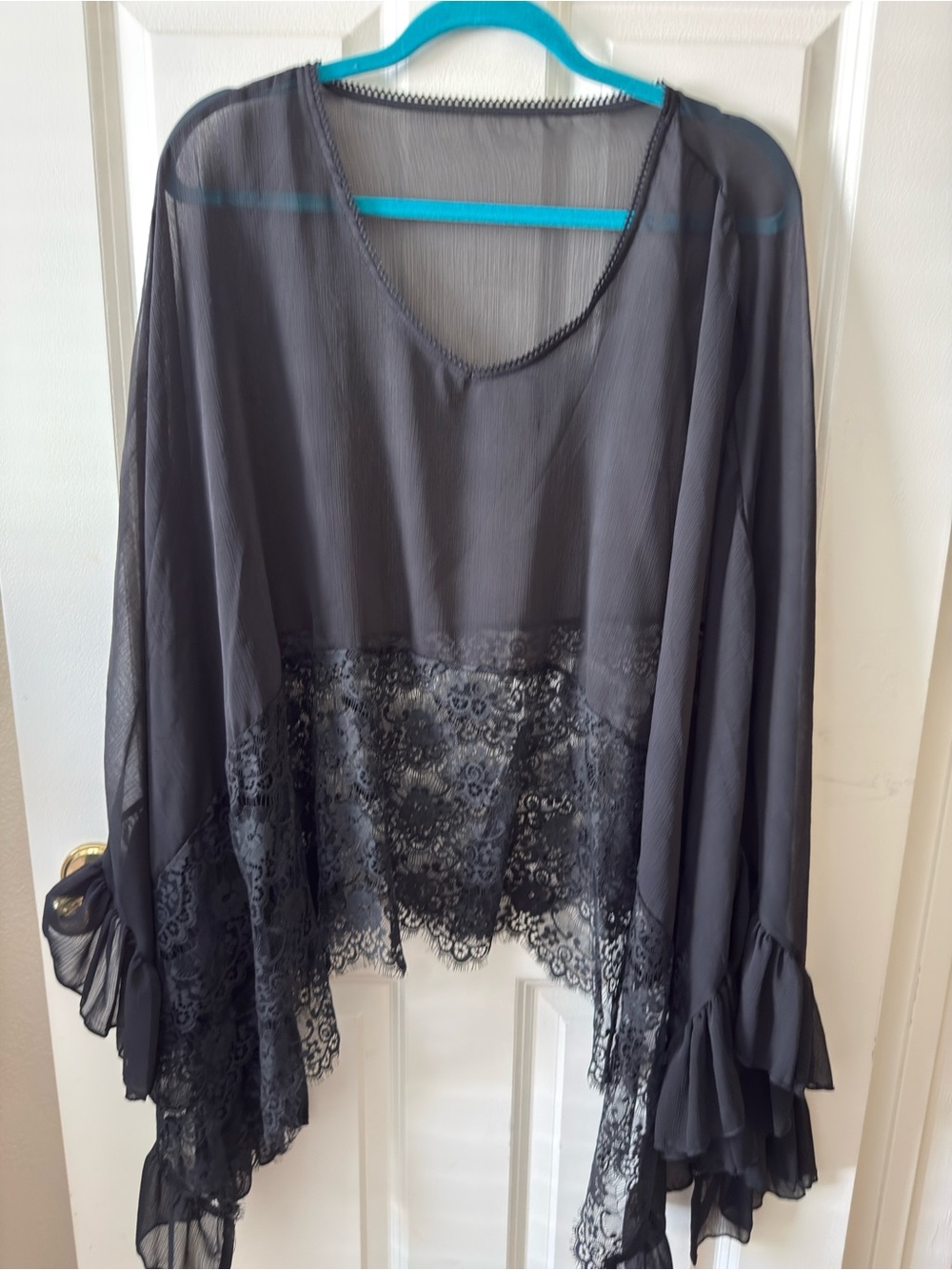 Source Unknown Sheer Black Lace-Trim Poncho Top